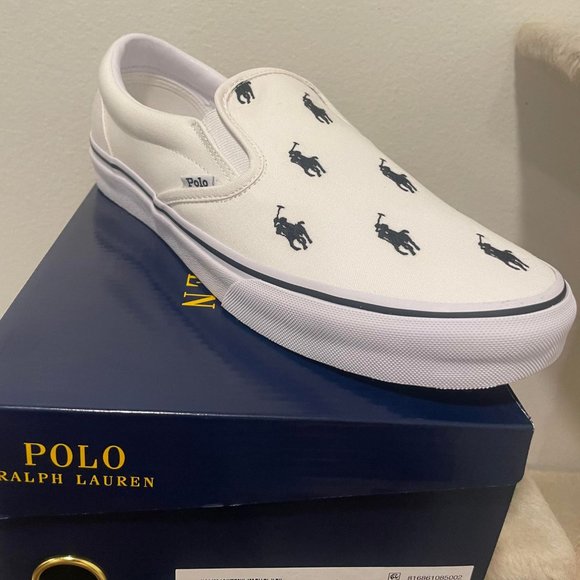 Polo Ralph Lauren Thompson White Black Embroidered Recycled Canvas Pony Men NEW Shoes